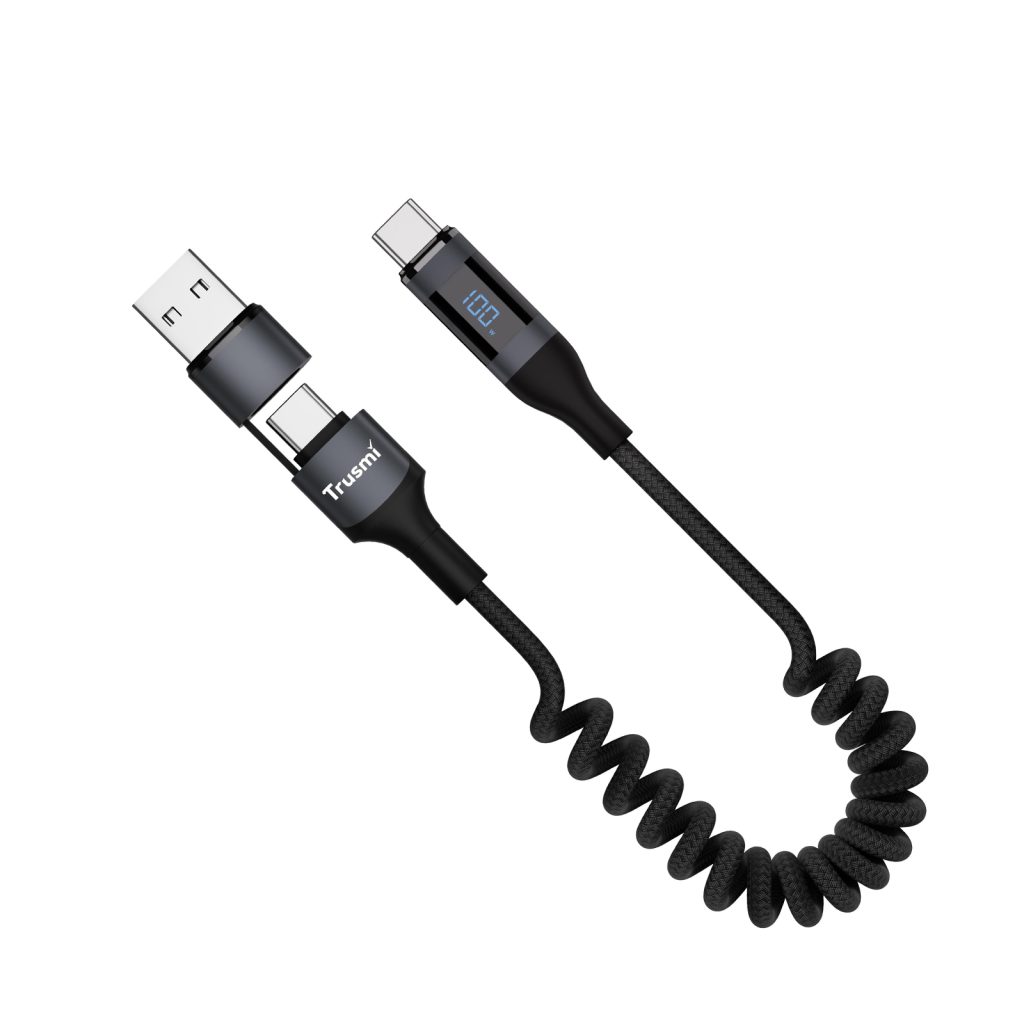 TRUSMI 100W USB-A/C naar USB-C Auto Spring Laadkabel met Display Zwart 1.5M