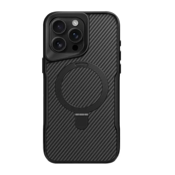 Hoesje iPhone 15 Pro TRUSMI Carbon Fiber MagSafe – 360° Kickstand Zwart